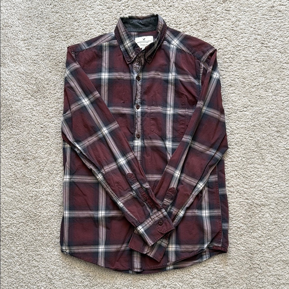 American Eagle Outfitters Red and Gray Casual Button Down Shirt